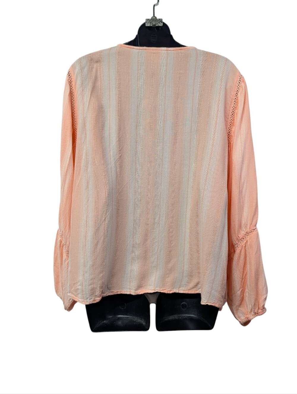 Ariat Women Peach Pink Striped Peasant Blouse Size XL Balloon Sleeve Tassel Lace - Picture 2 of 9